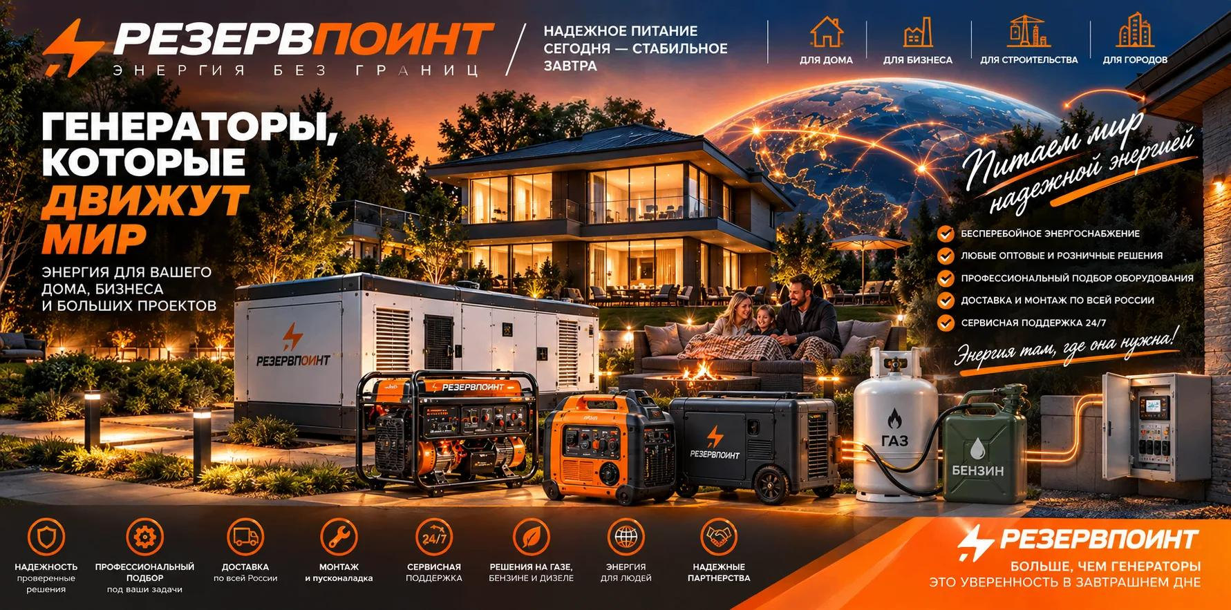 РезервПоинт — генераторы для дома, бизнеса, строительства и городов: газ, бензин, дизель